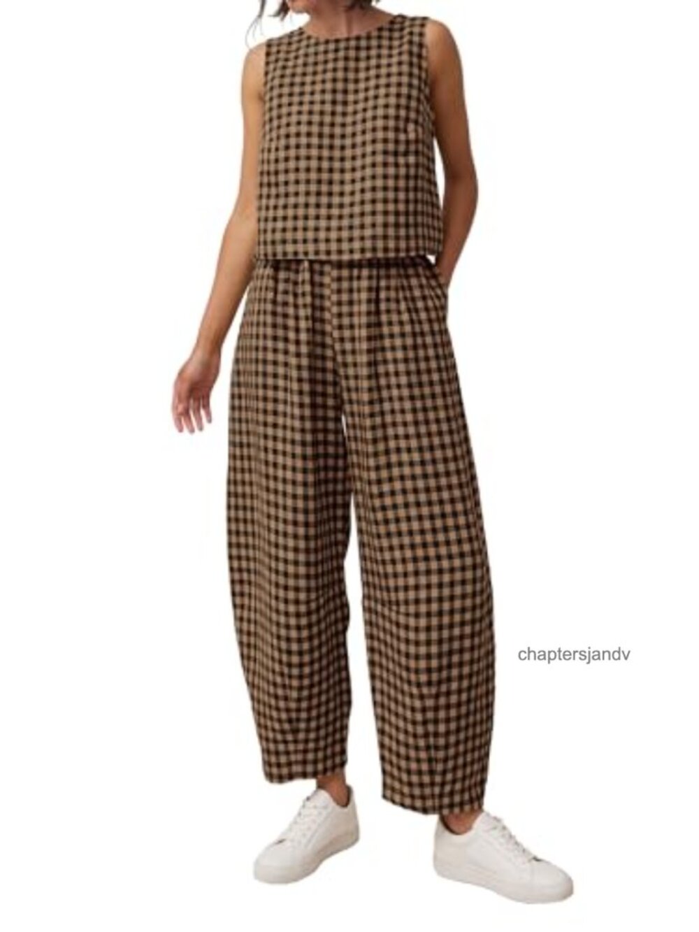 Women's 2 Piece Plaid Lounge Set Sleeveless Top Wide Leg Cotton Pants